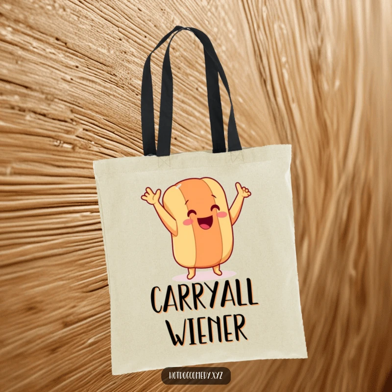 Funny dancing hot dog with tiny legs and arms in the air, carrying a tote bag, full of energy, ideal for a funny gift.