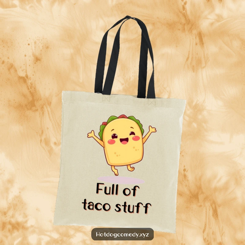 Funny cheerful taco with little feet performing a joyful leap, carrying a tote bag, great for a funny gift.