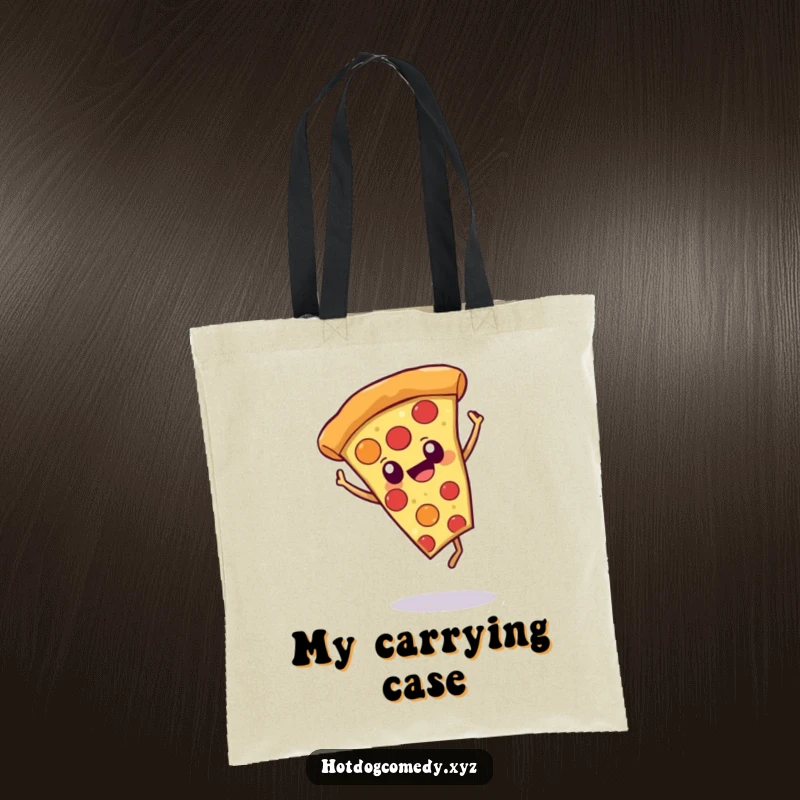 Funny pizza slice with eyes doing a cartwheel on a tote bag, designed for carrying items with cheerful humor.