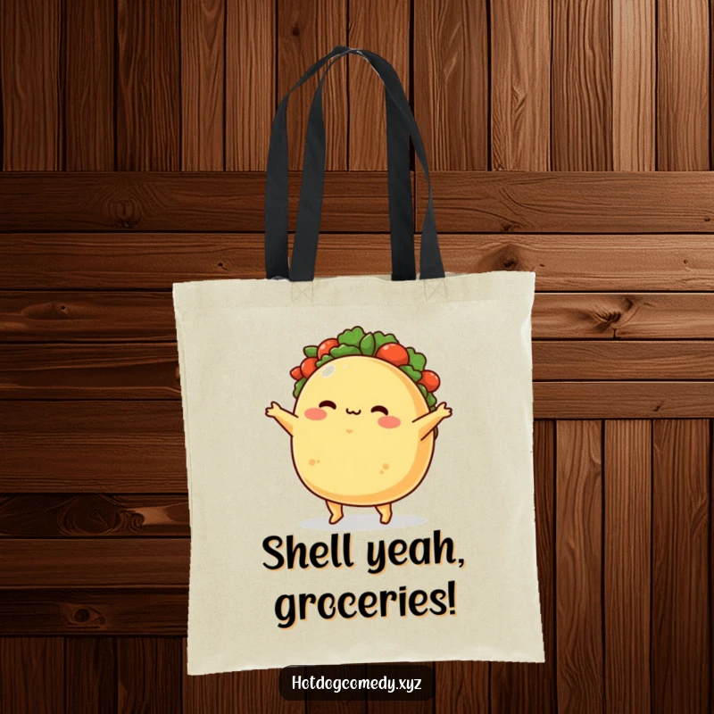Funny Tote Bag: A plump, blushing taco character delightfully performs a jig, showcasing its joyful and yummy personality.